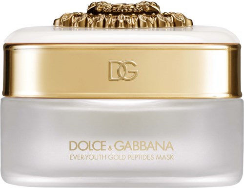 Maska Dolce & Gabbana Ever-Youth Gold Peptides w białym słoju z złotymi detalami i logo na górze.