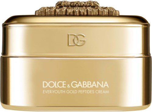 Złota puszka kremu Dolce & Gabbana Ever-Youth Gold Peptides Cream z ozdobnym wieczkiem.