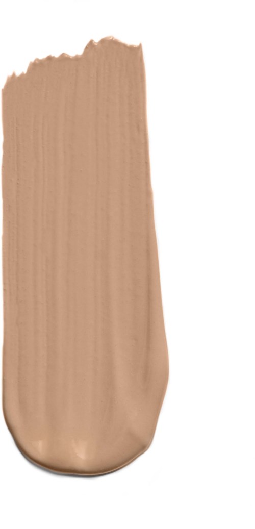 En beige væske makeup-strek på hvit bakgrunn. Viser jevn tekstur og avrundet spiss.