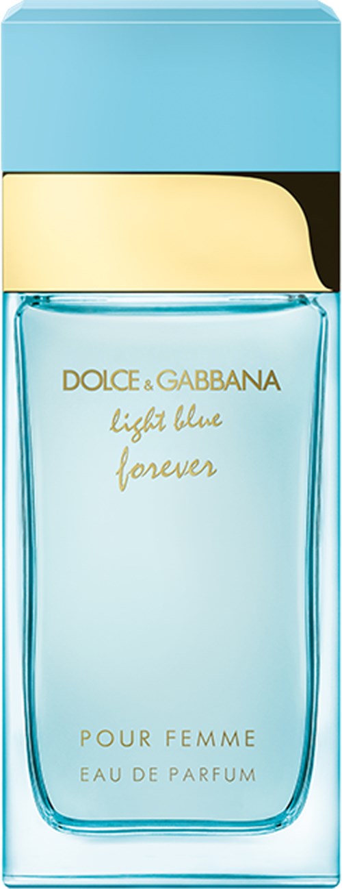 Ein Parfümflasche mit hellblauer Flüssigkeit, goldenen und schwarzen Akzenten, und der Marke Dolce & Gabbana.
