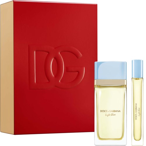 Zestaw perfum Dolce & Gabbana Light Blue z dużym pudełkiem, sprayem i mniejszą rolką perfum.
