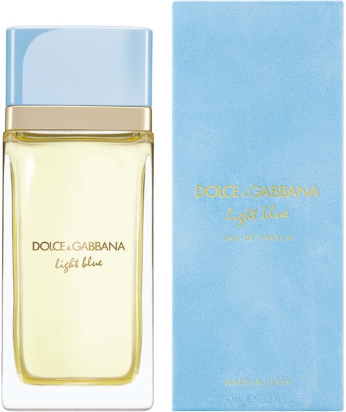 Ein Parfümflasche und eine Schachtel für Dolce & Gabbana Light Blue, beide in Hellblau und Gold.
