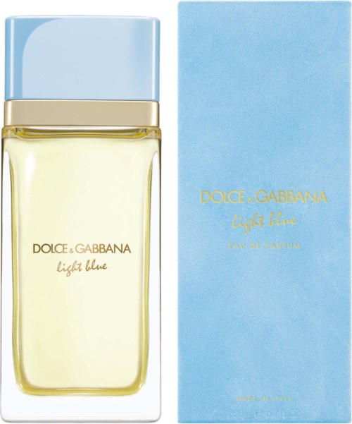 Hajuvesipullo ja rasia, joissa lukee Dolce & Gabbana Light Blue, vaaleansininen ja kultainen.
