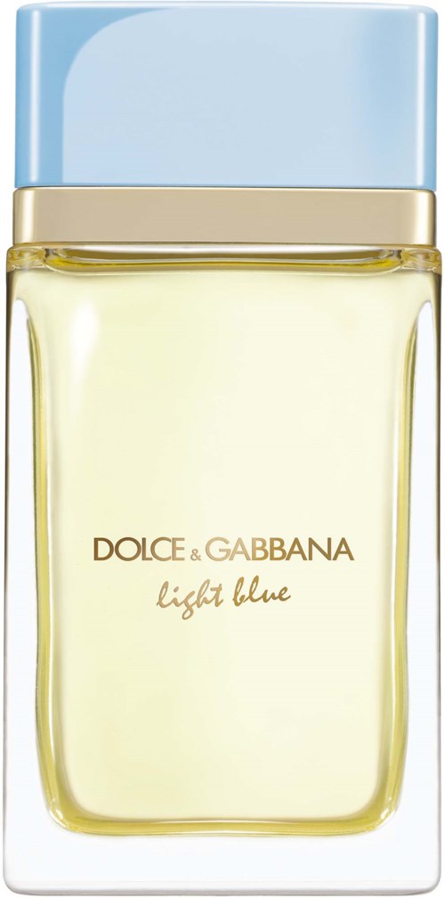 Koru Dolce & Gabbana light blue, jossa on sininen korkki ja vaaleankeltaista nestettä.