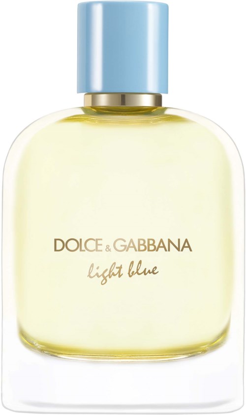 A perfume bottle with a light blue cap and light yellow liquid, labeled Dolce & Gabbana Light Blue.