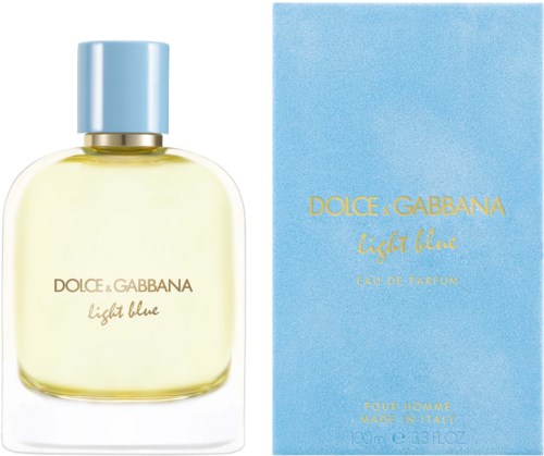 A light blue perfume bottle and matching box with gold lettering for Dolce & Gabbana Light Blue.