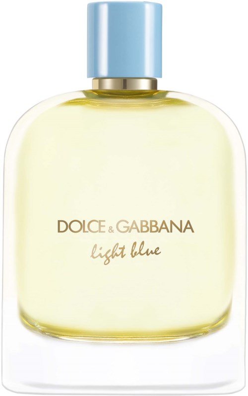 A perfume bottle with a blue cap and a light yellow liquid inside, labeled Dolce & Gabbana light blue.