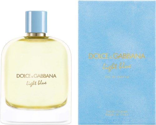 A bottle of Light Blue perfume by Dolce & Gabbana next to its blue box, with gold lettering.