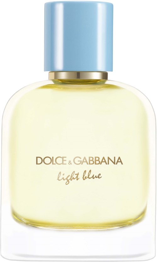 A bottle of Dolce & Gabbana Light Blue perfume with a light blue cap and a clear glass body.