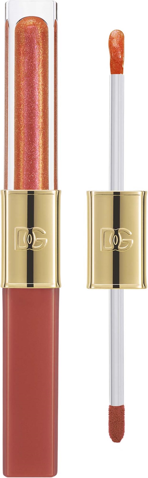 Lippenpflegestift mit goldfarbenem Verschluss und beigem Boden, offen mit schimmerndem Gloss. Separater Applikator.