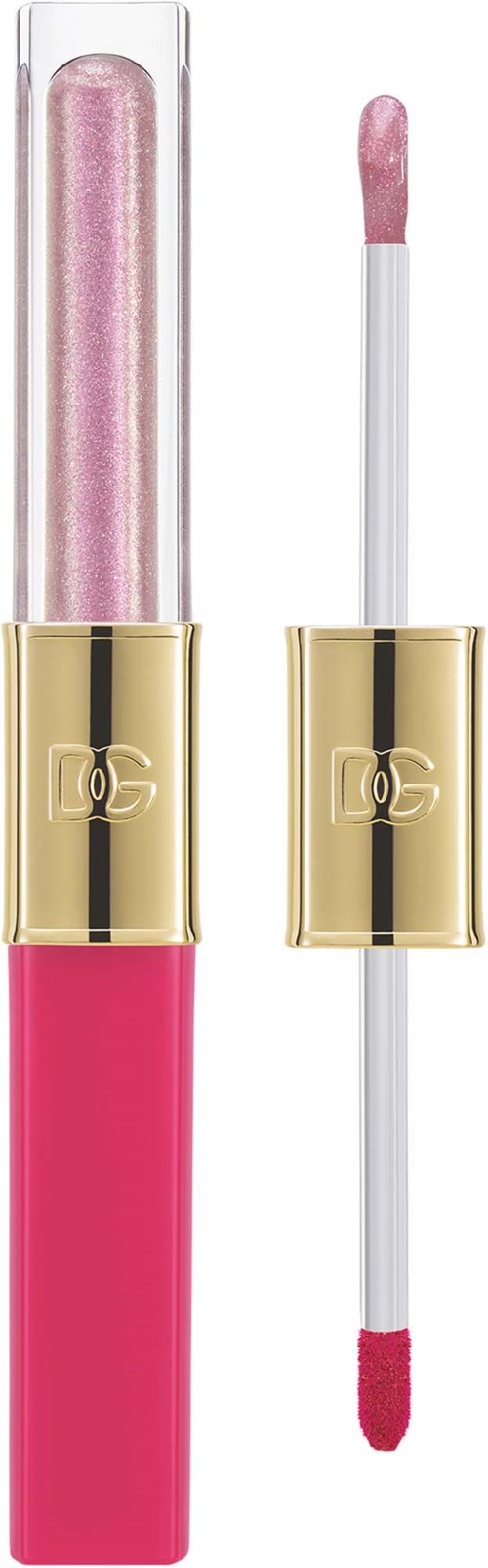 Lippen-gloss mit pinkem Gehäuse und goldenem Band, inklusive Applikator mit pinkem Glanz.