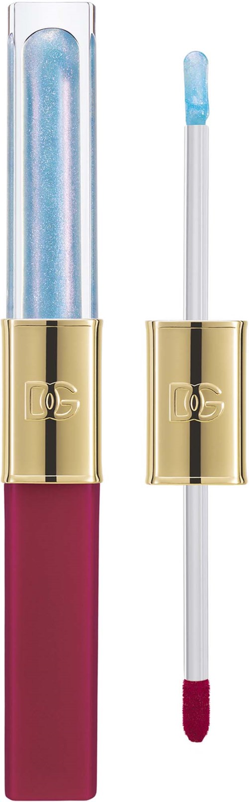 Lippenstift mit blauem und durchsichtigem Glitzergummi und Applikator mit rotem Lippenstift.