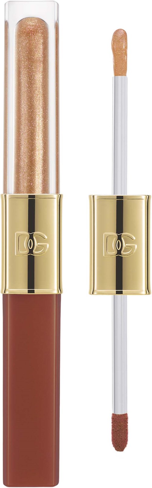 Lippenpflege-Tube mit klarem Deckel und Applikator. Der Glanz ist warmbraun.
