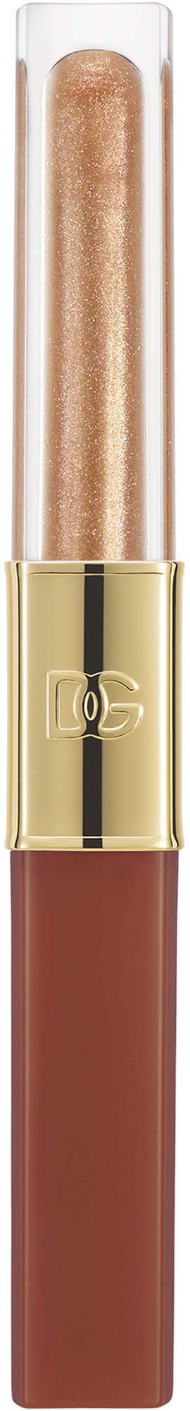Ein Lippenstift mit durchsichtiger Kappe, zeigt einen schimmernden Goldton oben und einen matten braunen Farbton unten.