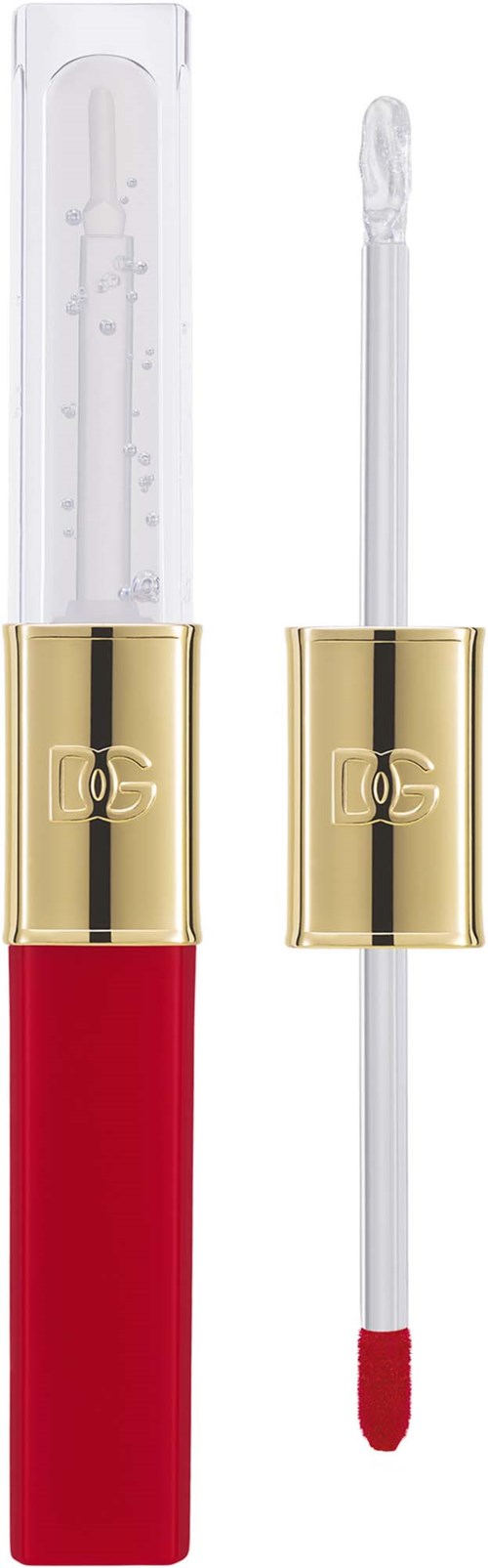 Lippen Gloss Applikator mit rotem Griff, goldenem Ring und durchsichtigem Röhrchen mit Gloss.
