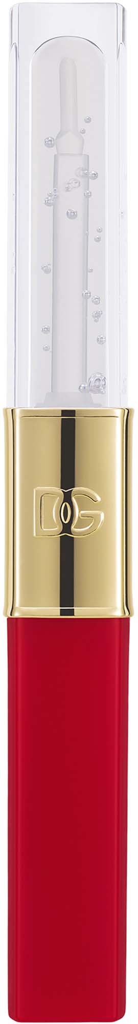 Ein Make-up-Pinsel mit rotem Griff, goldenem Ring und transparentem Oberteil mit Pinsel im Inneren.