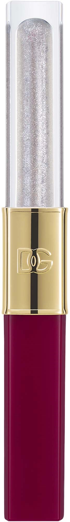 Ein Lippenstift mit glitzerndem Silberkopf, Goldband und tiefrotem Griff.