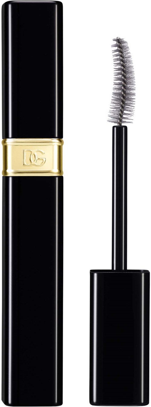 Black mascara tube with gold band and brush applicator. The brush is curved with bristles for eyelash makeup.