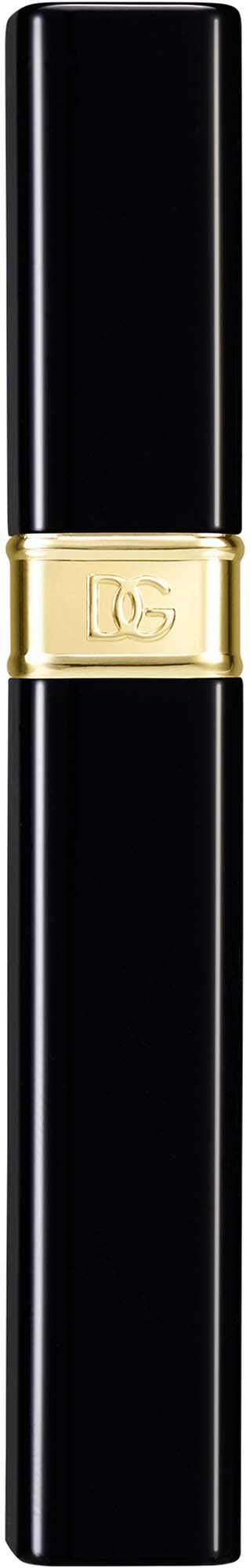A sleek black lipstick tube with a gold band around the middle and the LG logo, standing vertically.