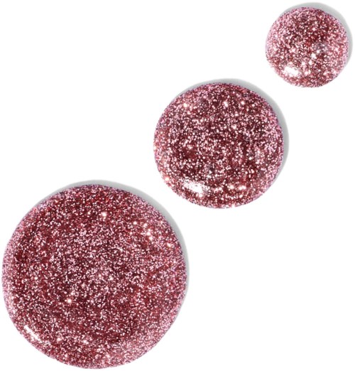 Tre rosa glitterbollar av olika storlekar flyter på en vit bakgrund.