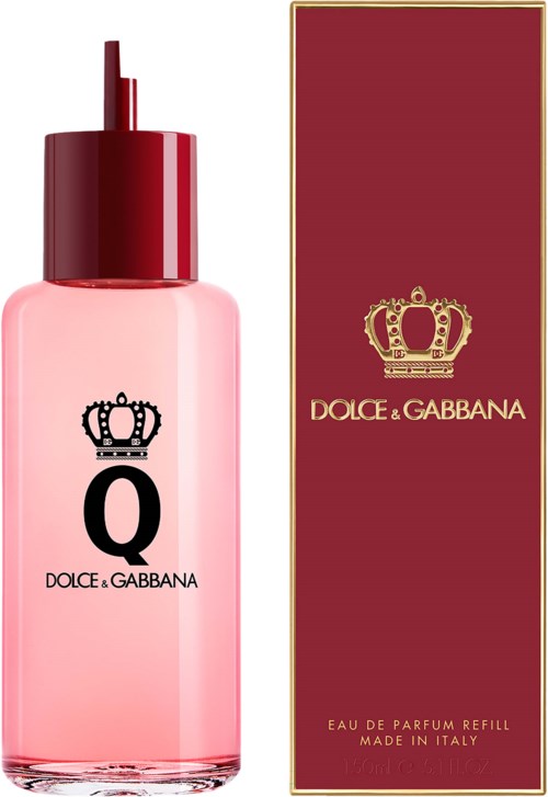 En rosa parfymflaska med röd kork och en matchande låda, båda med en krona och Dolce & Gabbana-logotypen.