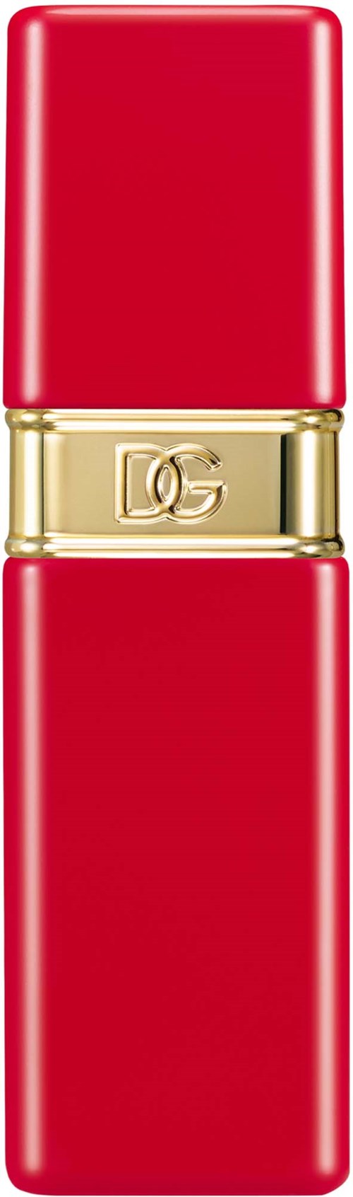 Ein roter Lippenstift mit goldenem Band in der Mitte und DG-Logo, elegantes und schlankes Design.