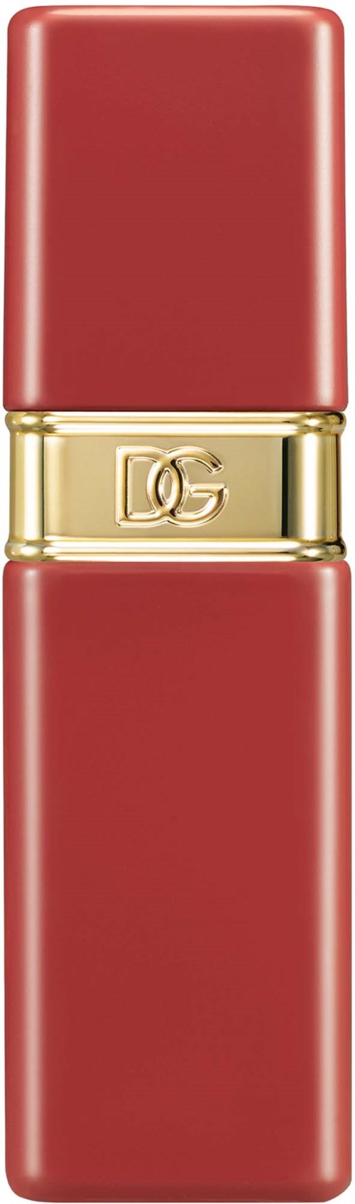 Ein roter Lippenstift mit goldenem Band und DG-Logo in der Mitte. Es sieht elegant und stilvoll aus.