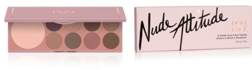 A makeup palette with various shades of brown and pink, and a pink box with black and gold writing.