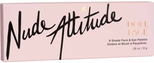 Cosmetic palette called Nude Attitude with 9 shades for face and eyes, in a pink box.