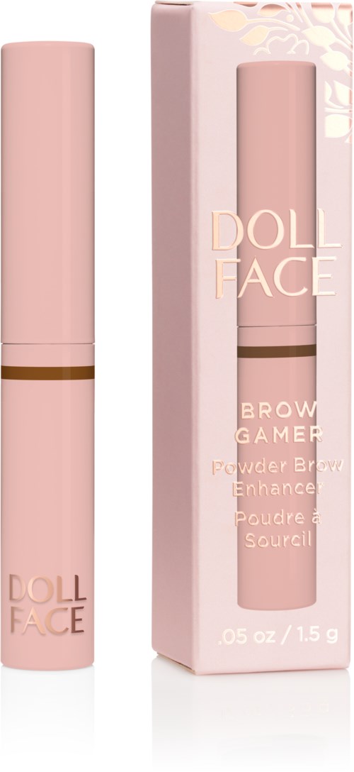 En rosa makeupprodukt med tillhörande box, märkt 'DOLL FACE BROW GAMER,' för att förbättra ögonbrynen.