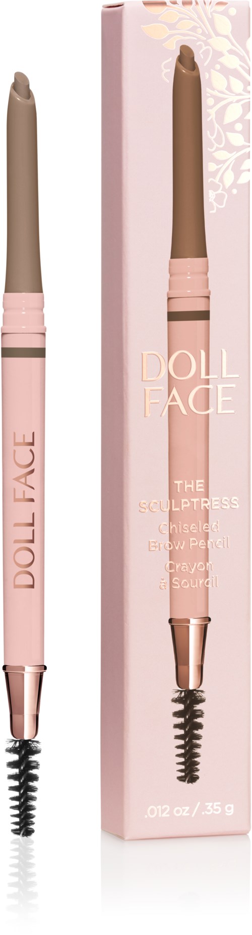 Två makeup-penna i beige nyanser, en längre i en rosa förpackning märkt "DOLL FACE".