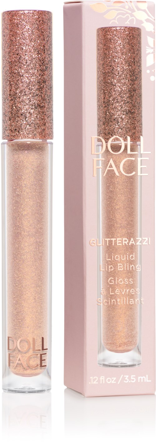 A lip gloss tube with rose gold glitter, next to a matching pink box with brand and product details.