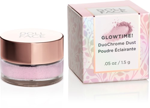 Rosa glitterstøv i krukke med rosa gull lokk, og en tilsvarende eske merket 'GLOWTIME!'.