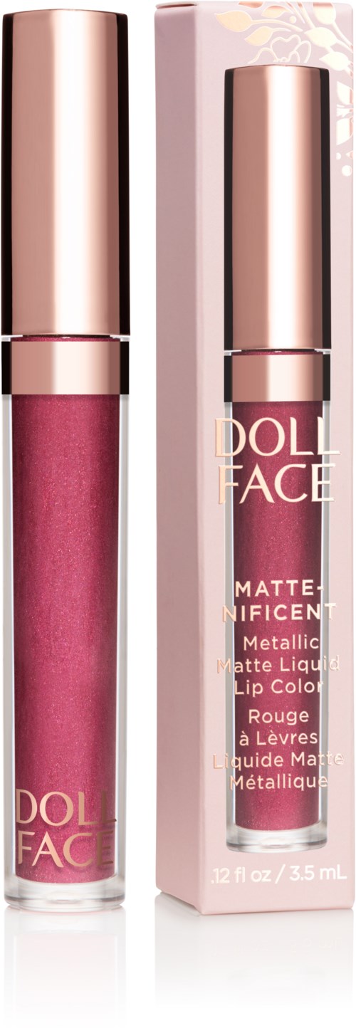 En rosa leppestift med glansfullt rosegulldeksel og matchende rosa eske, merket 'DOLL FACE' og 'MATTE UNICORN'