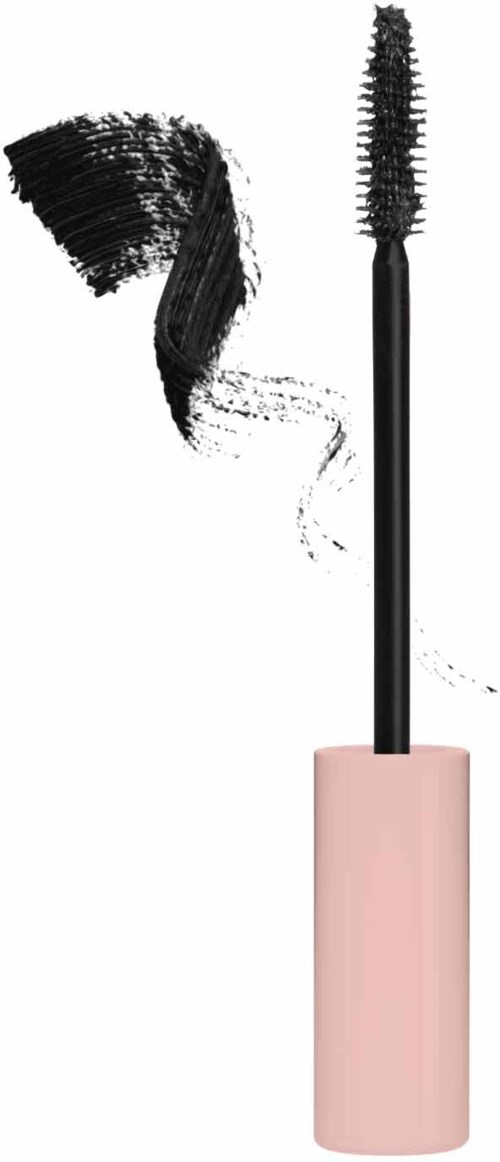 A pink mascara tube with the brush sticking out, and black mascara makeup smear.