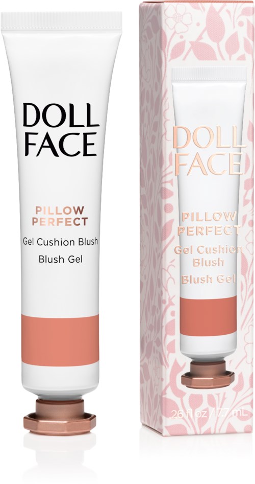 En tube og eske med Doll Face Pillow Perfect gelpute blush, lys rosa og hvit emballasje.