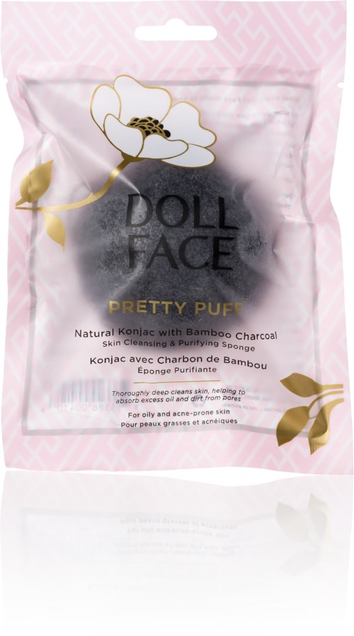 A pink packaging with a floral design, containing a black sponge labeled 'DOLL FACE PRETTY PUFF.'