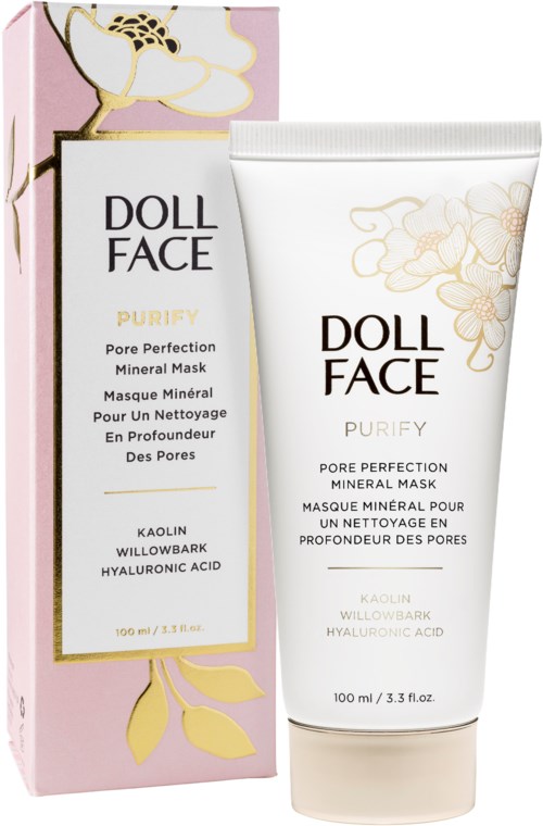 En tube og eske med Doll Face Purify mineralmaske med ingredienser som Kaolin, Willowbark og Hyaluronic Acid.