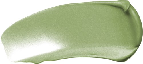 A green cosmetic product swatch with a smooth texture and a curved shape.