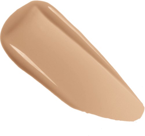 En beige flytende foundationprøve med jevn tekstur og telykkeform.
