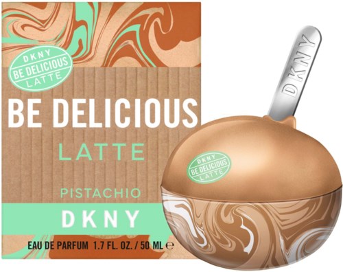Butelka perfum w kształcie filiżanki latte z pokrywką i pudełko z wirującym wzorem i zieloną etykietą.