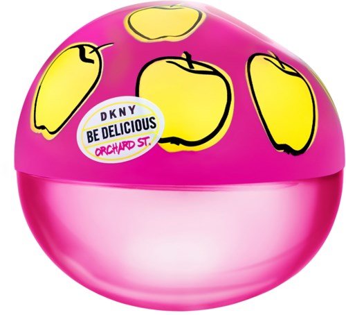En rosa behållare med gula äpplen och en klisterlapp som säger "DKNY BE DELICIOUS ORCHARD ST.".