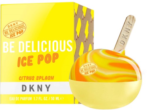 Ljusgul box och skål, isbit med orange och gula ränder, träpinne med DKNY-tryck.