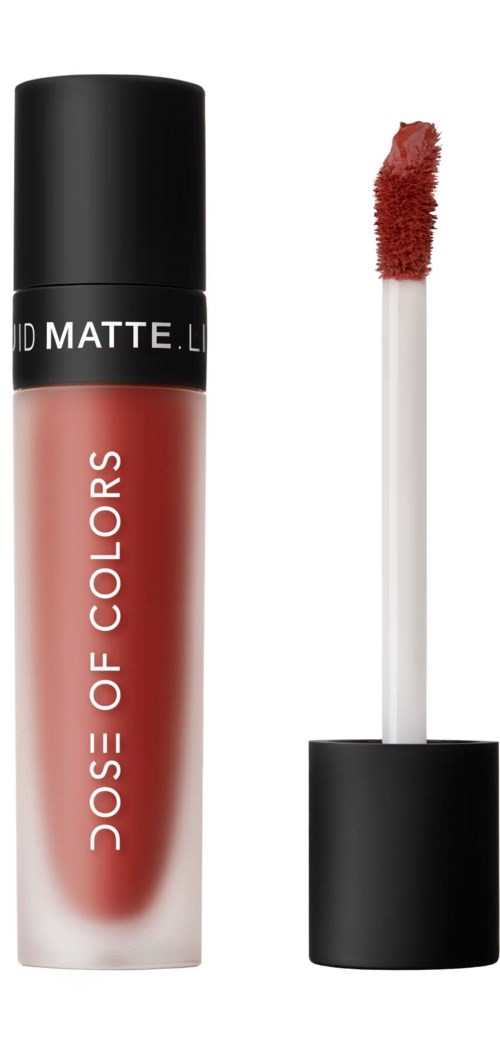 A liquid lipstick with a black cap and a white applicator, labeled 'Dose of Colors,' in a brown shade.