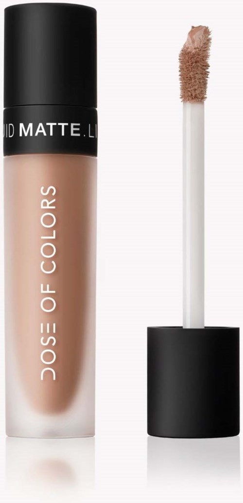 Lip gloss tube with applicator, beige color, black cap, and white wand. Lip gloss product with brand and color info.