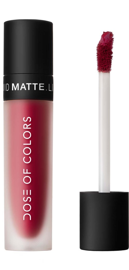 A lipstick tube with a red shade, open with a sponge applicator showing. Its label says 'Dose of Colors' and 'Matte Liquid Lipstick.'