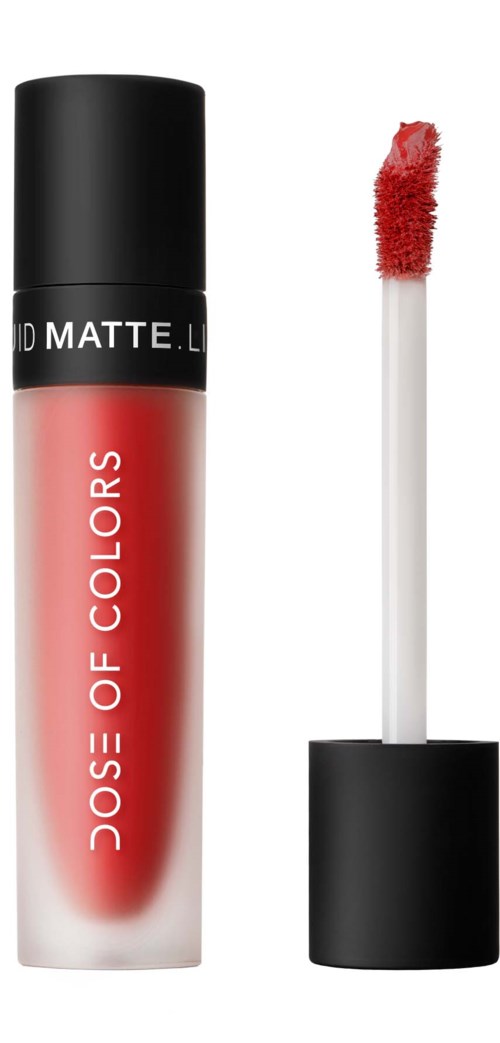 A lip gloss tube with a red color, black cap, and applicator brush with red lipstick.