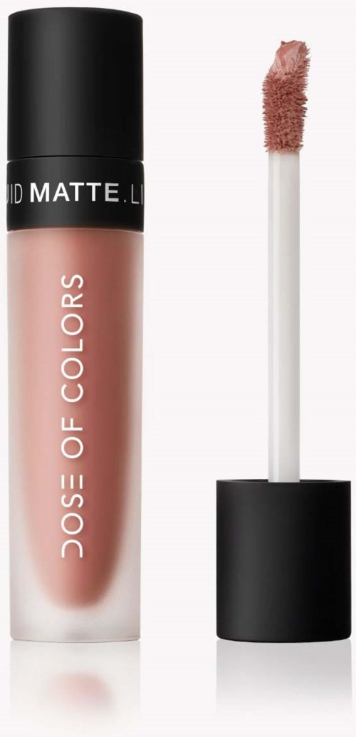 A lip gloss tube with a black cap and a fluffy applicator. The tube is light pink with text reading 'DOSS = OF COLORS'.