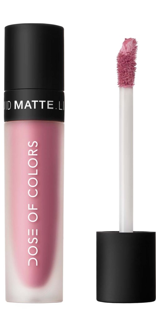 A pink liquid lipstick with a black cap and a wand applicator with pink lipstick.