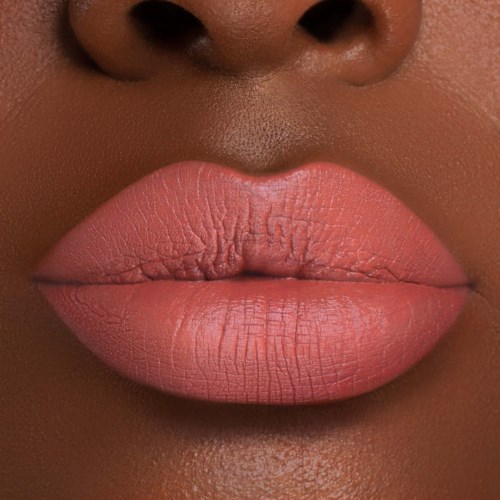 Close-up of full lips with light pink lipstick, showing texture and fine lines.